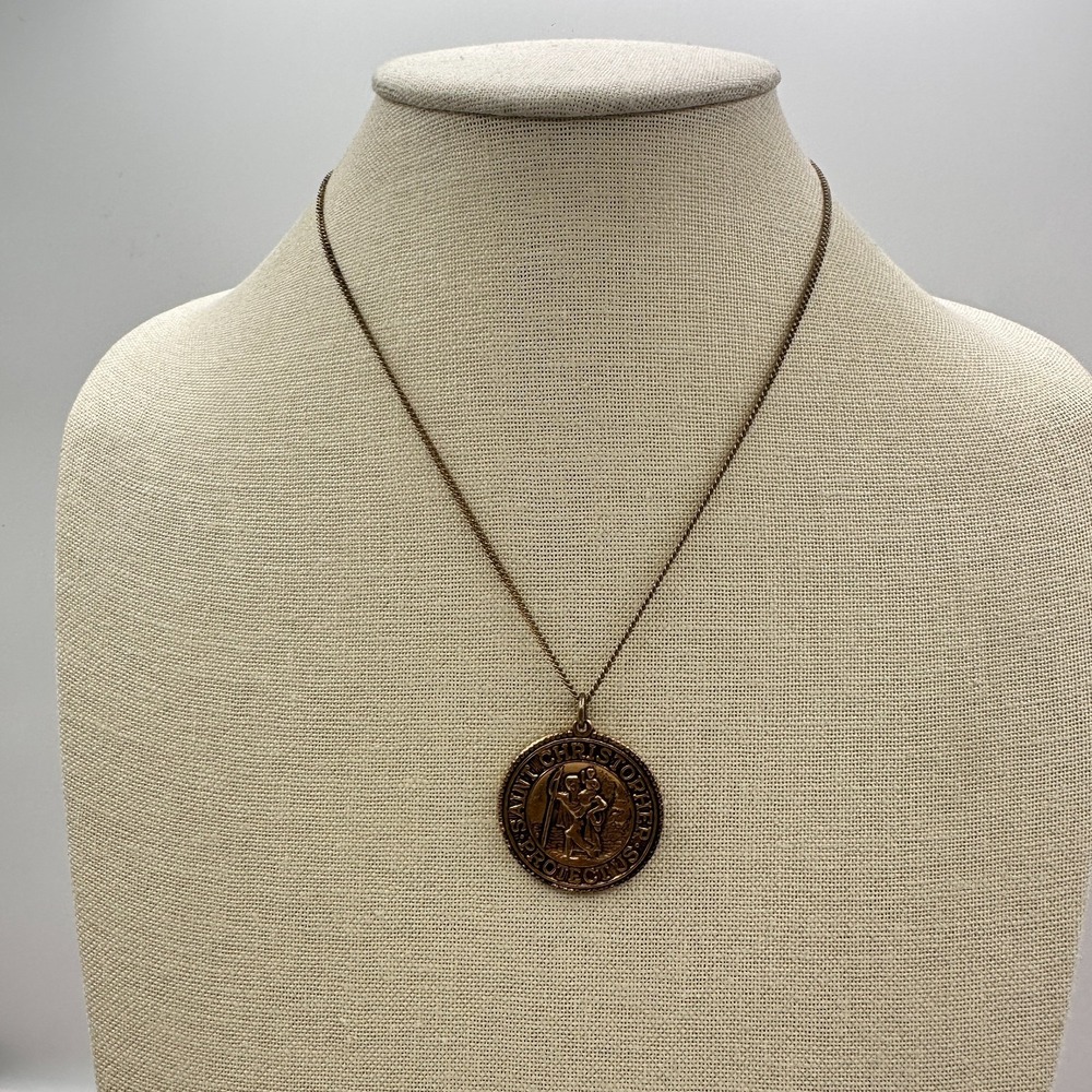 Vintage 70s Christopher Medal Necklace Bronze Religious Jewelry Y2K